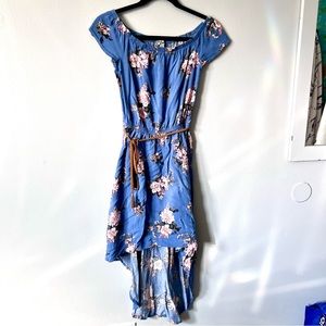 Asymmetrical blue and pink floral dress size S with skinny braided belt